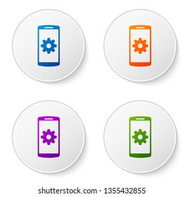 Color Setting on smartphone screen icon on white background. Mobile phone and gear sign. Adjusting app, set options, repair, fixing phone concepts. Set color icon in circle button. Vector Illustration