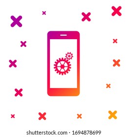 Color Setting on smartphone screen icon on white background. Mobile phone and gear sign. Adjusting app, set options, repair, fixing phone concepts. Gradient random dynamic shapes. Vector Illustration