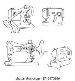 Color Sewing Machine Set. Cartoons. Vector illustration of Four Machines of Sewing. Black Line. Modern and Retro Machines for Sewing. Isolated on White background