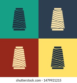 Color Sewing thread on spool icon isolated on color background. Yarn spool. Thread bobbin. Vintage style drawing. Vector Illustration