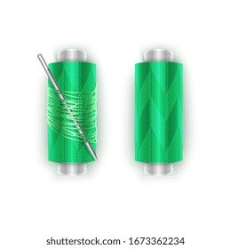 Color sewing threads of green color isolated on white background, vector eps 10 illustration