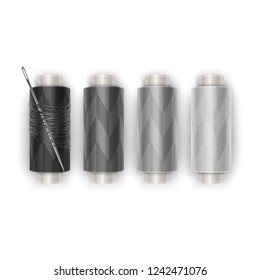 Color sewing threads on white background, gradient transition from black to white, top view. Vector illustration