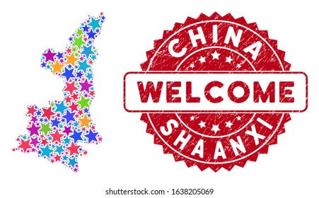 Color Shaanxi Province map composition of stars, and distress rounded red WELCOME stamp. Abstract territory scheme in colorful color tones. Vector Shaanxi Province map is created of color stars.