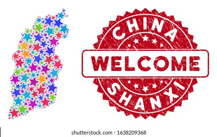 Color Shanxi Province map composition of stars, and distress rounded red WELCOME stamp. Abstract geographic plan in bright color tones. Vector Shanxi Province map is done of color stars.