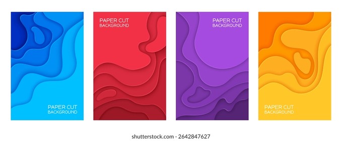 Color shape paper cut wave background posters. Vector 3d origami art craft abstract geometric pattern with wavy paper cut layers. Cutout blue, yellow, red and purple color wave shapes banners set