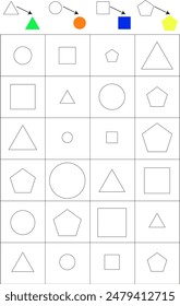 Color shapes according to patterns. A game for the development of preschool children. Paint all triangles light green, circles orange, squares blue, pentagons yellow