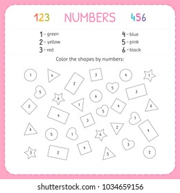 Color The Shapes By Numbers. Worksheet For Kindergarten And Preschool. Training To Write And Count Numbers. Exercises For Children. Vector Illustration