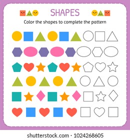 Color The Shapes To Complete The Pattern. Learn Shapes And Geometric Figures. Preschool Or Kindergarten Worksheet. Vector Illustration