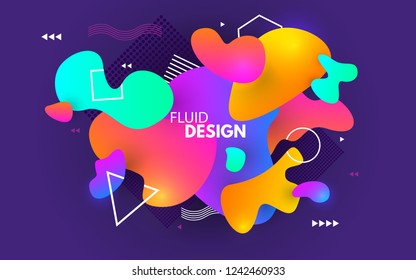 Color shapes design. Fluid abstract background. Liquid composition with colorful gradients. Trendy concept with 3D effect. Modern backdrop with bright geometric elements. Vector illustration.