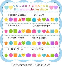 Color and shapes, find and circle the shapes, color shape. Learning basic colors for preschoolers. Flashcard with red, green, orange, blue, yellow, pink, purple colors. for inspiration activities game