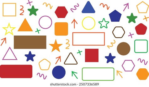 Color shapes set. Box, square, rectangle, circle shape stroke element. Square, circle, arrow, triangle, pentagonal, hexagonal, and star, shapes Vector illustration.