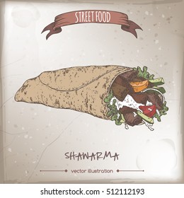 Color shawarma sketch on grunge background. Arabic cuisine. Street food series. Great for market, restaurant, cafe, food label design.