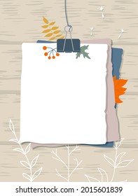 Color sheets of paper connected with a paperclip hang on a thread. Note paper, autumn leaves, red berries, leaves outlines on a wood texture background. Vector illustration, flat style.