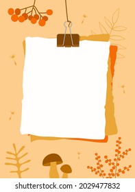 Color sheets of paper connected with a paperclip hang on a thread. Note paper on the autumn background. Vector illustration, flat style.