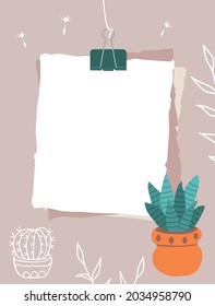 Color sheets of paper connected with a paperclip hang on a thread. Note paper, cactus in a red pot, white contours of plants in the background. Vector illustration, flat style.