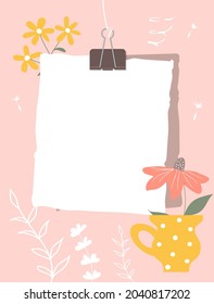 Color sheets of paper connected with a paperclip hang on a thread. Note paper, pink flower in  yellow mug, white contours of plants in the background. Vector illustration, flat style.
