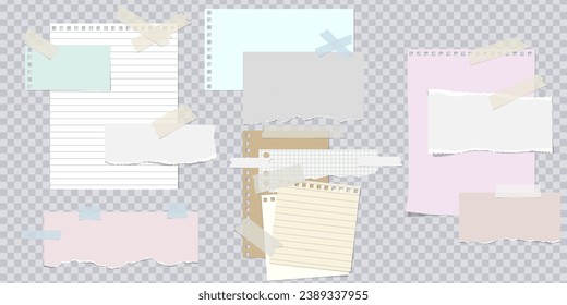 Hojas de color de papel, trozos rasgados con ápices rotos. Nota en línea. Piezas de papel portátil con cinta adhesiva pegada en transparente. Burla en blanco para texto para presentación, publicidad, sitio web, aplicaciones. Vector