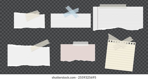 Color sheets of paper, rip pieces with torn adges. Lined note. Notebook paper pieces with sticky tape stuck on transparent. Blank mockup for text for presentation, advertising, website, apps. Vector