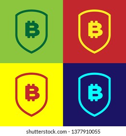 Color Shield with bitcoin icon isolated on color backgrounds. Cryptocurrency mining, blockchain technology, bitcoin, security, protect, digital money. Vector Illustration