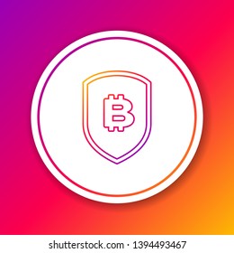 Color Shield with bitcoin line icon isolated on color background. Cryptocurrency mining, blockchain technology, bitcoin, security, protect, digital money. Circle white button. Vector Illustration