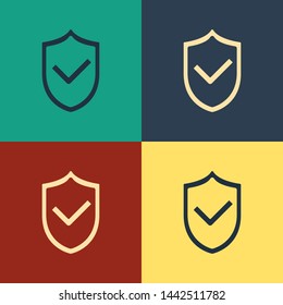 Color Shield with check mark icon isolated on color background. Protection symbol. Security check Icon. Tick mark approved icon. Vintage style drawing. Vector Illustration