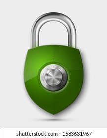 Color Shield with electronic Combination Lock isolated. Defense sign Protection concept. Safety badge icon. Privacy banner. Security label. Defense tag. Presentation sticker shape vector illustration