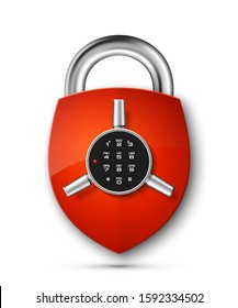 Color Shield with electronic Combination Lock isolated. Defense sign Protection concept. Safety badge icon. Privacy banner. Security label. Defense tag. Presentation sticker shape vector illustration