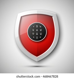 Color Shield with electronic Combination Lock isolated. Defense sign Protection concept. Safety badge icon. Privacy banner. Security label. Defense tag. Presentation sticker shape. Vector illustration