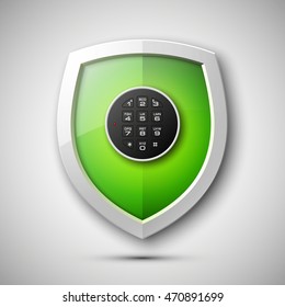 Color Shield with electronic Combination Lock isolated. Defense sign Protection concept. Safety badge icon. Privacy banner. Security label. Defense tag. Presentation sticker shape. Vector illustration