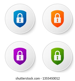 Color Shield security with lock icon isolated on white background. Protection, safety, password security. Firewall access privacy sign. Set icons in circle buttons. Vector Illustration