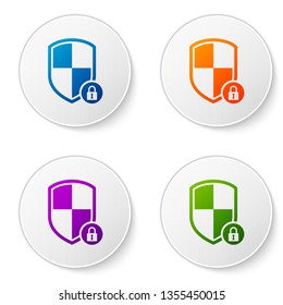 Color Shield security with lock icon isolated on white background. Protection, safety, password security. Firewall access privacy sign. Set icons in circle buttons. Vector Illustration