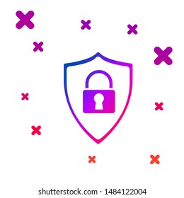 Color Shield security with lock icon isolated on white background. Protection, safety, password security. Firewall access privacy sign. Gradient random dynamic shapes. Vector Illustration