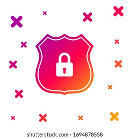 Color Shield security with lock icon isolated on white background. Protection, safety, password security. Firewall access privacy sign. Gradient random dynamic shapes. Vector Illustration