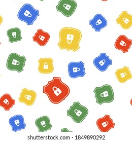 Color Shield security with lock icon isolated seamless pattern on white background. Protection, safety, password security. Firewall access privacy sign. Vector.