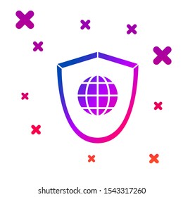 Color Shield with world globe icon isolated on white background. Security, safety, protection, privacy concept. Gradient random dynamic shapes. Vector Illustration