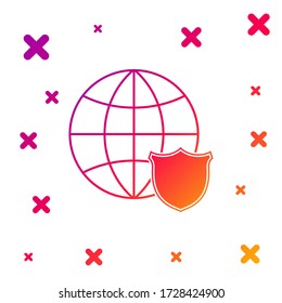 Farbschild mit Weltkugel-Symbol isoliert auf weißem Hintergrund. Sicherheit, Schutz, Datenschutz Gradient zufällige dynamische Formen. Vector Illustration
