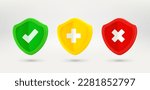 Color shields with different signs. Approved, defence, forbidden concepts. 3d vector illustration