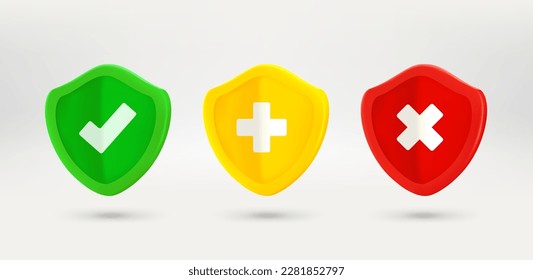 Color shields with different signs. Approved, defence, forbidden concepts. 3d vector illustration