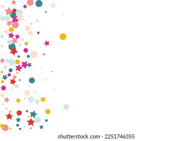 Color Shine Flying Vector White Background. Carnaval Starfall Invitation. Invitation Circle and Star Background. Happy Round Decoration Backdrop.