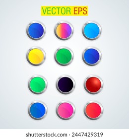 color shiny buttons with metallic elements, vector design Roudn circle  set of colorful glossy badge or button. 3d render. Round plastic pin, emblem, volunteer label. Vector.