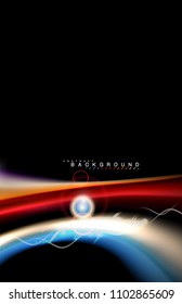 Los efectos de la luz brillante de color sobre la forma ondulada de color negro y líquido. Ilustración artística para presentación, fondo de pantalla de aplicación, pancarta o afiche, diseño geométrico