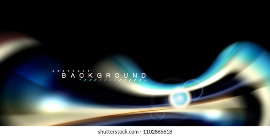 Color shiny light effects on black, liquid style multicolored wavy shape. Artistic illustration for presentation, app wallpaper, banner or poster, geometric design