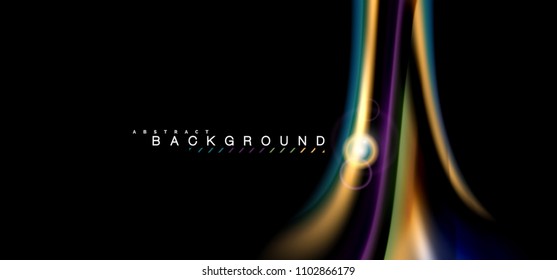 Color shiny light effects on black, liquid style multicolored wavy shape. Artistic illustration for presentation, app wallpaper, banner or poster, geometric design