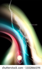 Color shiny light effects on black, liquid style multicolored wavy shape. Artistic illustration for presentation, app wallpaper, banner or poster, geometric design