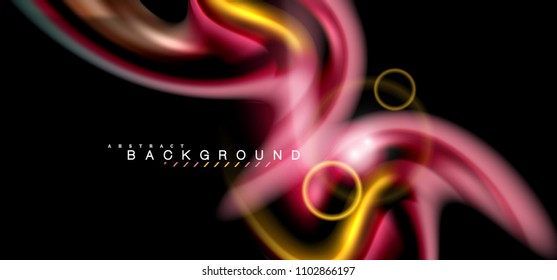 Los efectos de la luz brillante de color sobre la forma ondulada de color negro y líquido. Ilustración artística para presentación, fondo de pantalla de aplicación, pancarta o afiche, diseño geométrico