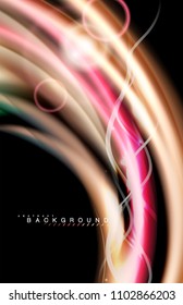 Color shiny light effects on black, liquid style multicolored wavy shape. Artistic illustration for presentation, app wallpaper, banner or poster, geometric design