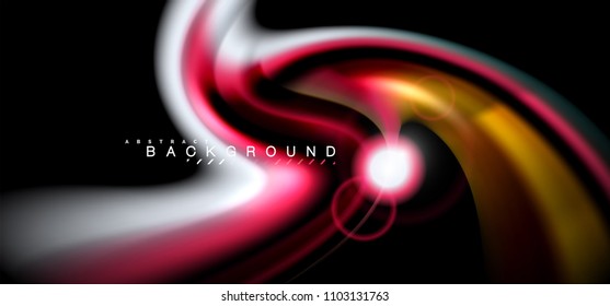 Los efectos de la luz brillante de color sobre la forma ondulada de color negro y líquido. Ilustración artística para presentación, fondo de pantalla de aplicación, pancarta o afiche, diseño geométrico