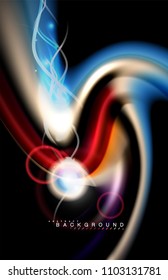 Los efectos de la luz brillante de color sobre la forma ondulada de color negro y líquido. Ilustración artística para presentación, fondo de pantalla de aplicación, pancarta o afiche, diseño geométrico