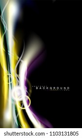 Los efectos de la luz brillante de color sobre la forma ondulada de color negro y líquido. Ilustración artística para presentación, fondo de pantalla de aplicación, pancarta o afiche, diseño geométrico