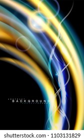 Color shiny light effects on black, liquid style multicolored wavy shape. Artistic illustration for presentation, app wallpaper, banner or poster, geometric design